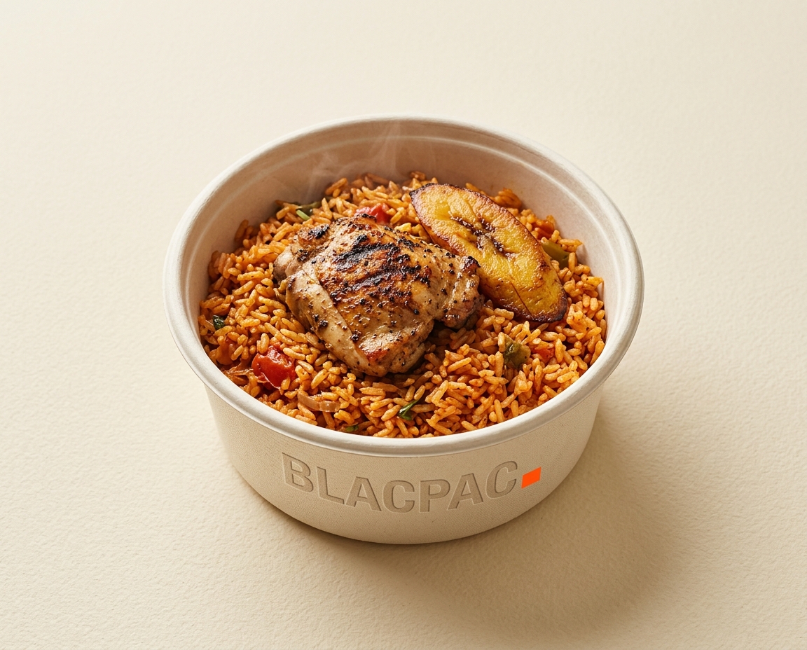 BlacPac compostable bagasse bowl filled with Ghanaian jollof rice.