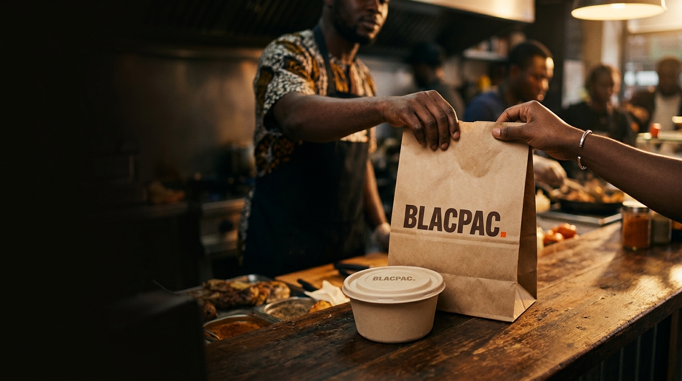 A customer collects a takeaway order at a modern Ghanaian counter.