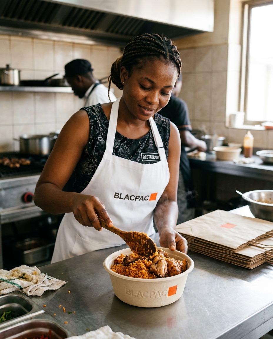 A chef plating jollof rice into a BlacPac compostable bowl in an Accra restaurant kitchen.