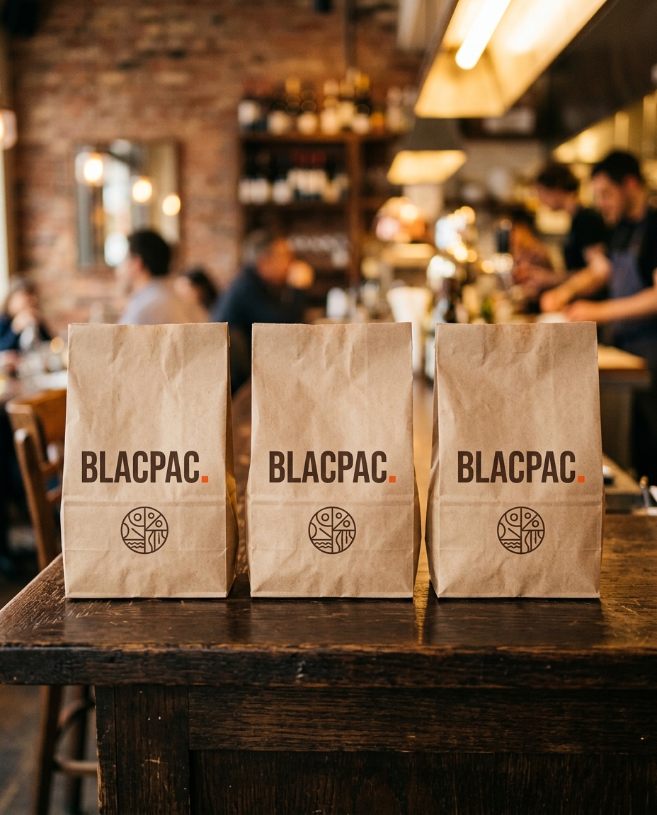 A row of BlacPac kraft food bags lined up on a restaurant counter.